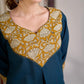 Chic Bottle Green Cotton Kurta with Mustard Floral Printed Yoke & Cuff with Handcrafted Kantha