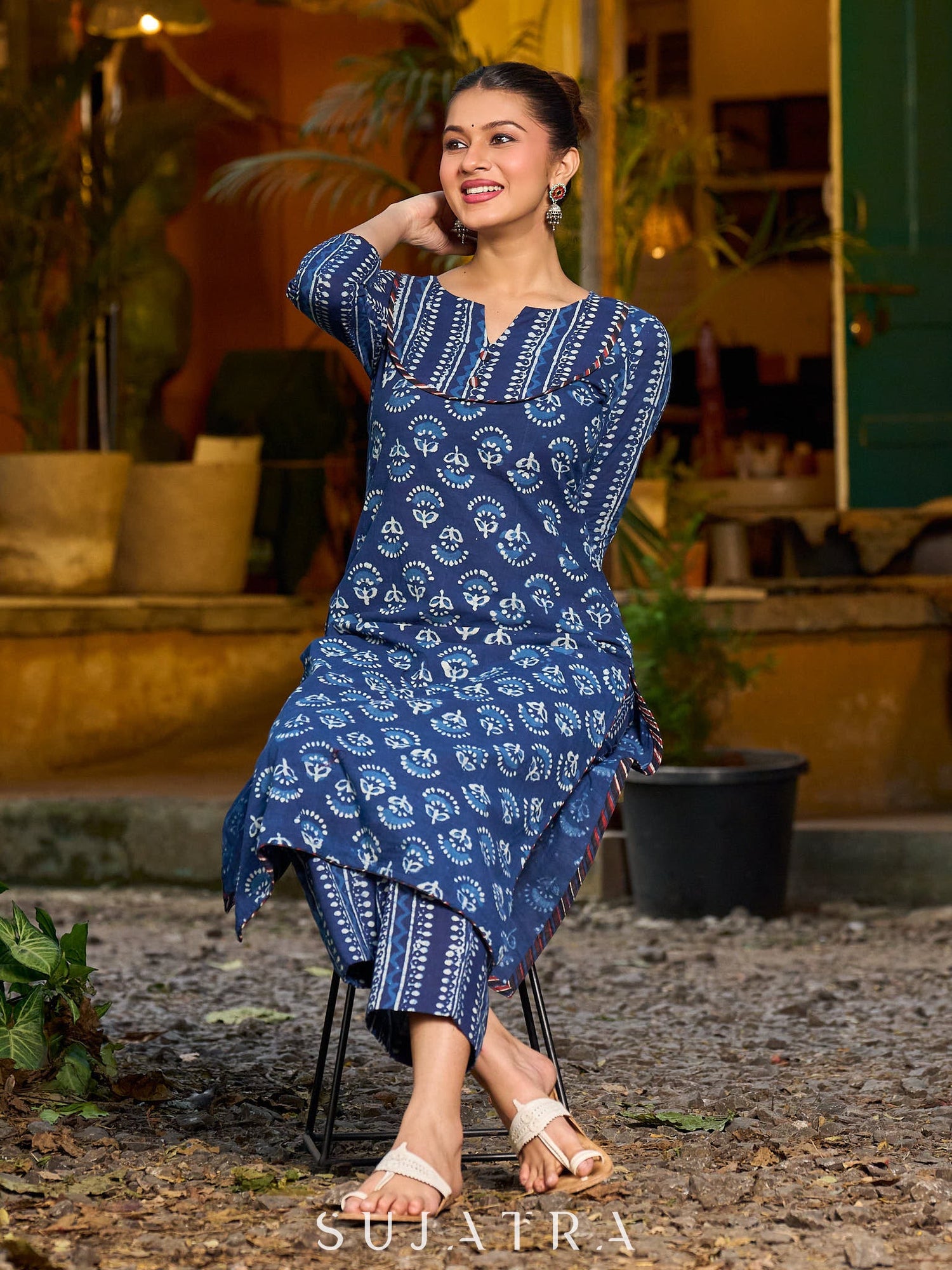 Timeless indigo kurta with an indigo border yoke and delicate stripe piping.