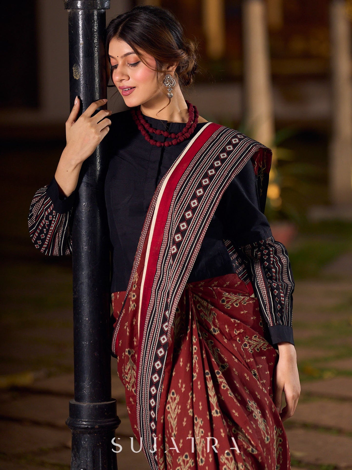 Heritage Maroon Ajrakh Print Cotton Saree with Bold Geometric Border