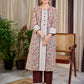 Cream Floral Hand Block Print Mul Cotton Kurta with Handwoven Ivory Center Panel and Brown Button Detail