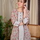 Cream Floral Hand Block Print Mul Cotton Kurta with Handwoven Ivory Center Panel and Brown Button Detail
