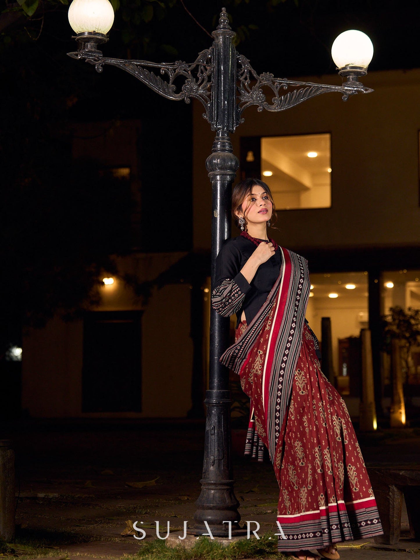 Heritage Maroon Ajrakh Print Cotton Saree with Bold Geometric Border