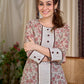 Cream Floral Hand Block Print Mul Cotton Kurta with Handwoven Ivory Center Panel and Brown Button Detail