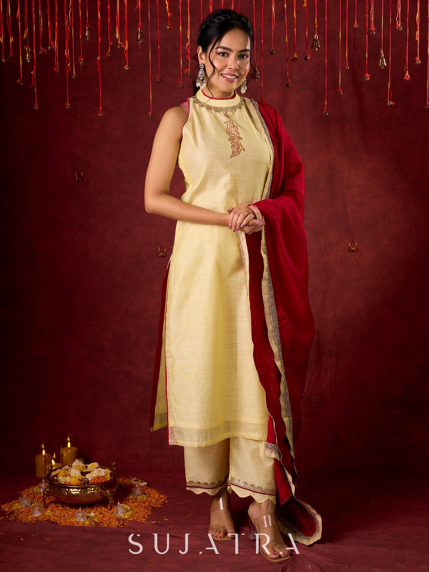 Elegant halter neck kurta in soft Chanderi with hand-painted art pant n dupatta optional