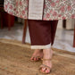 Cream Floral Hand Block Print Mul Cotton Kurta with Handwoven Ivory Center Panel and Brown Button Detail