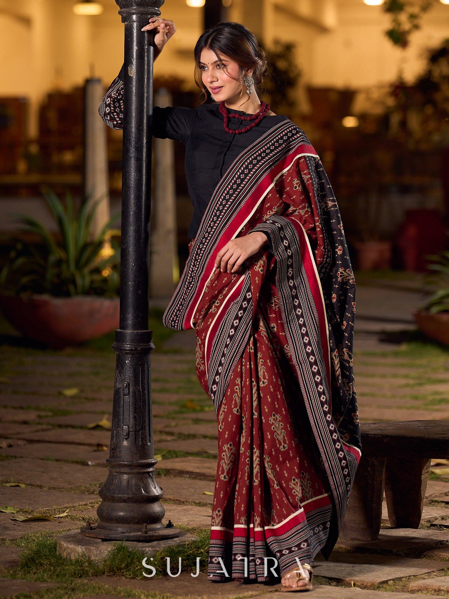Heritage Maroon Ajrakh Print Cotton Saree with Bold Geometric Border