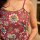 Playful wine floral summer dress elevated with dainty straps and pleats from the waistline