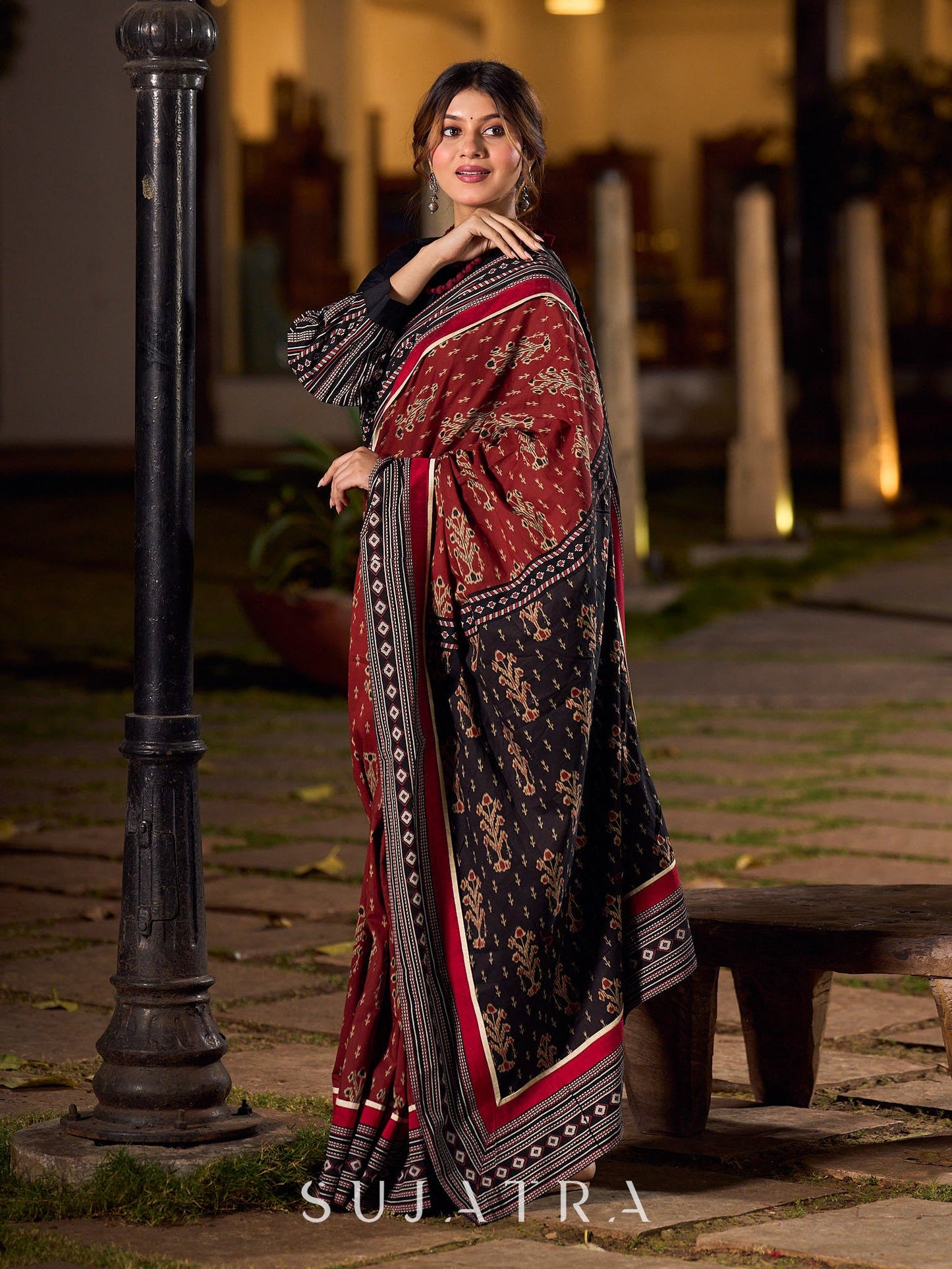 Heritage Maroon Ajrakh Print Cotton Saree with Bold Geometric Border