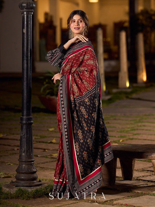 Heritage Maroon Ajrakh Print Cotton Saree with Bold Geometric Border