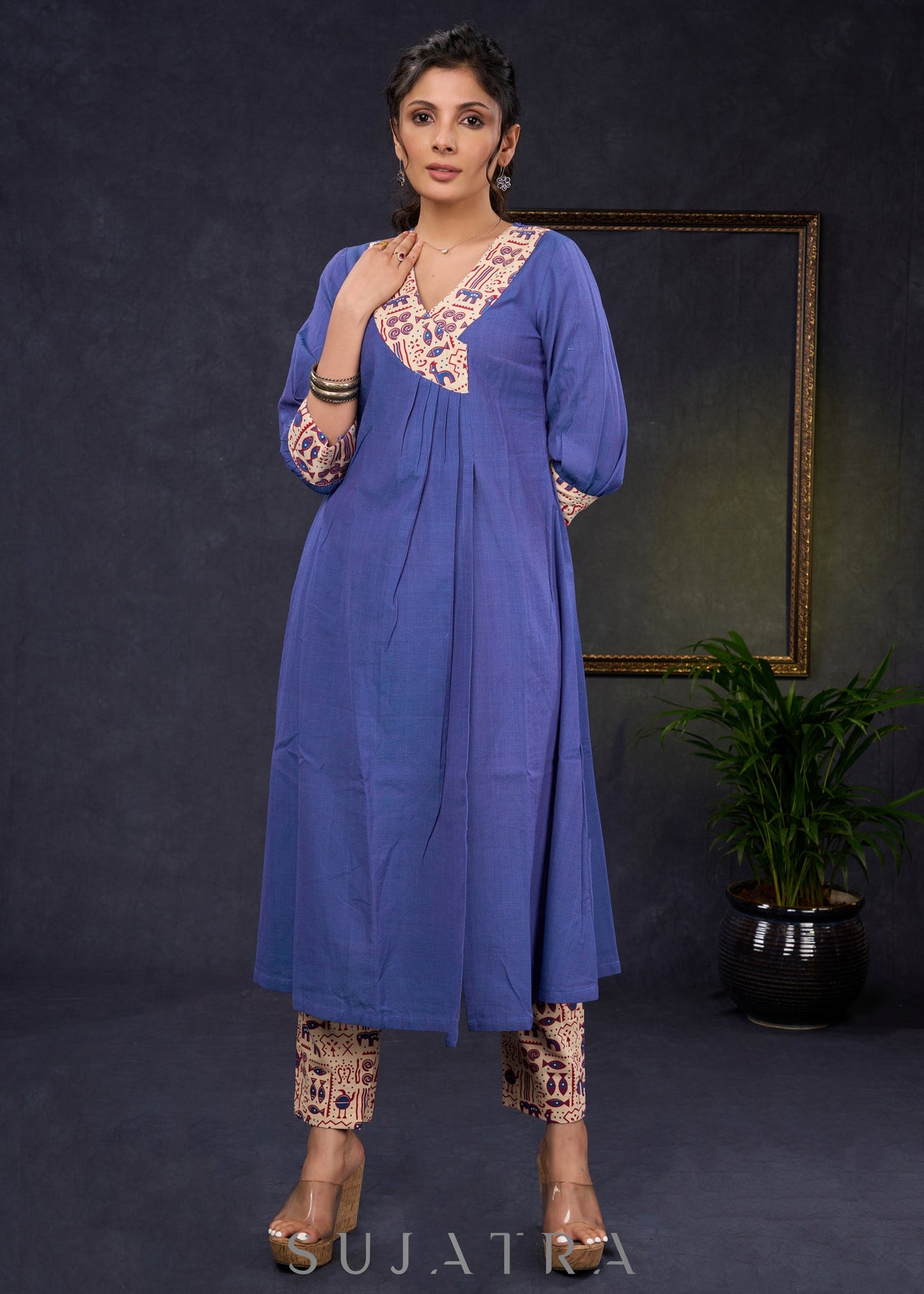 Classy-Blue-Cotton-A-Line-Kurta-Highlighted-With-Beautiful-Ajrakh-Print--Pant-Optional