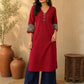 Timeless Maroon Cotton Kurta with Floral Printed Balloon Cuffs & V-Neck