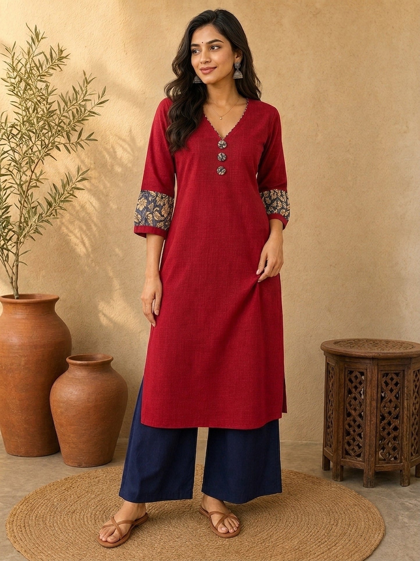 Timeless Maroon Cotton Kurta with Floral Printed Balloon Cuffs & V-Neck
