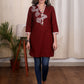 Exclusive hand painted maroon cotton tunic with ikat combination