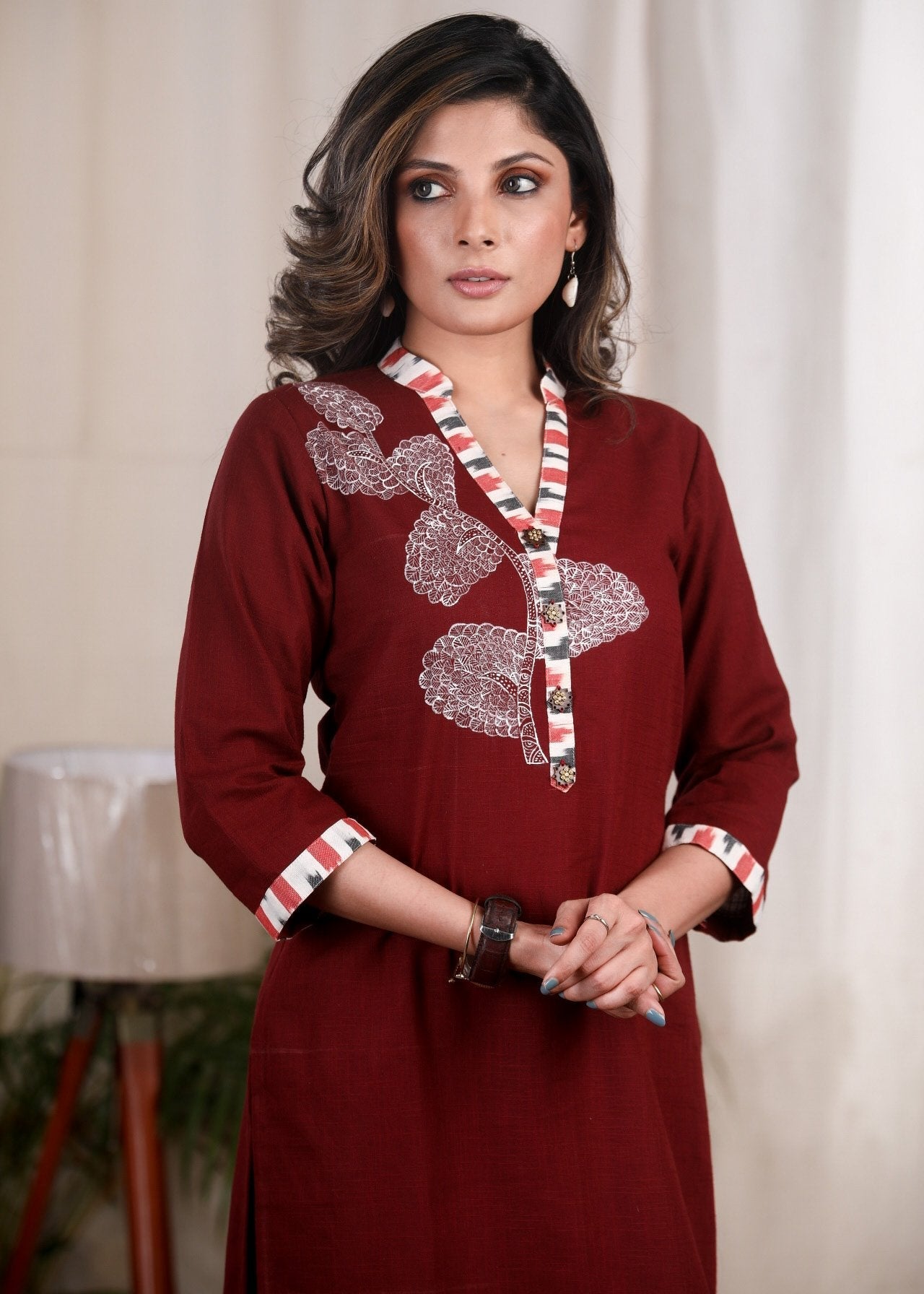 Exclusive hand painted maroon cotton tunic with ikat combination