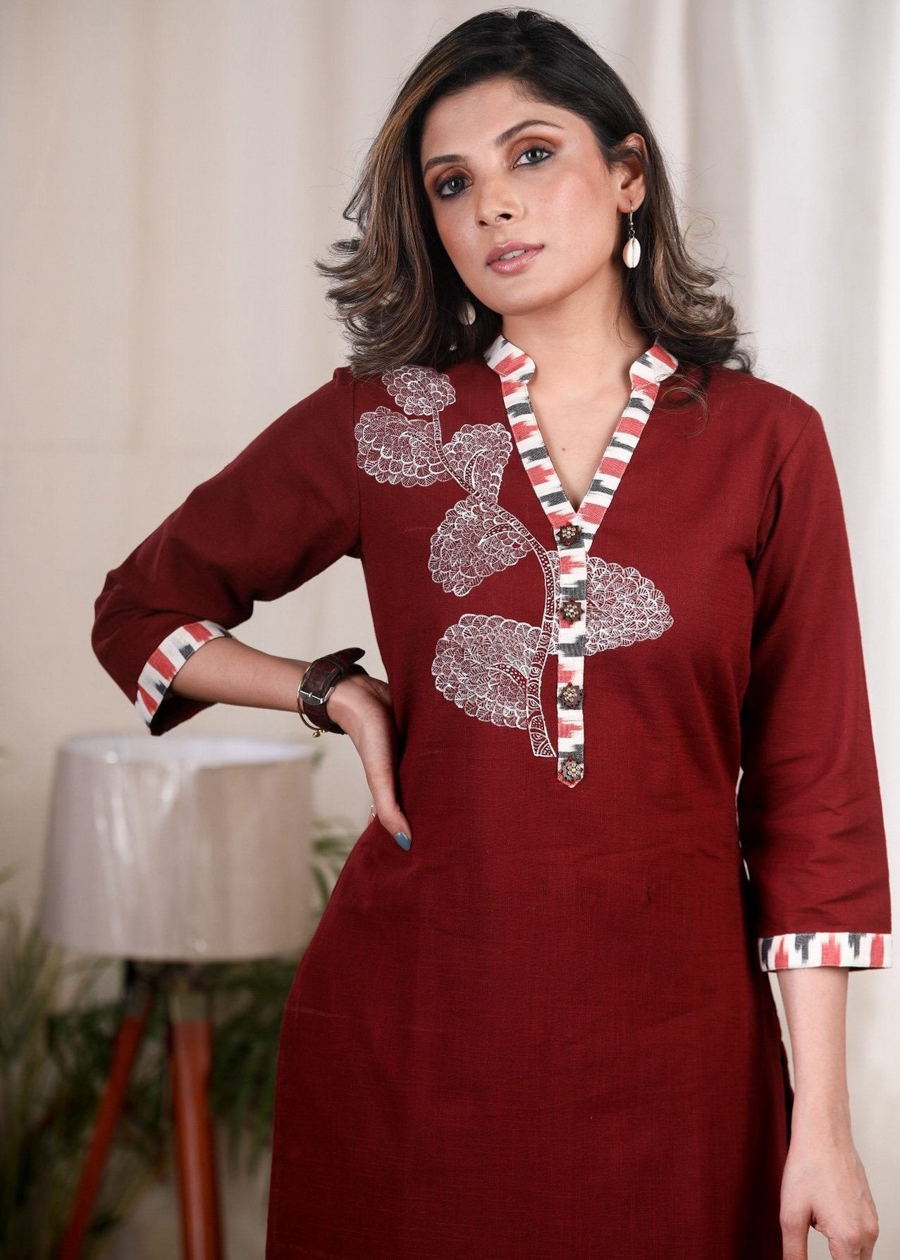 Exclusive hand painted maroon cotton tunic with ikat combination