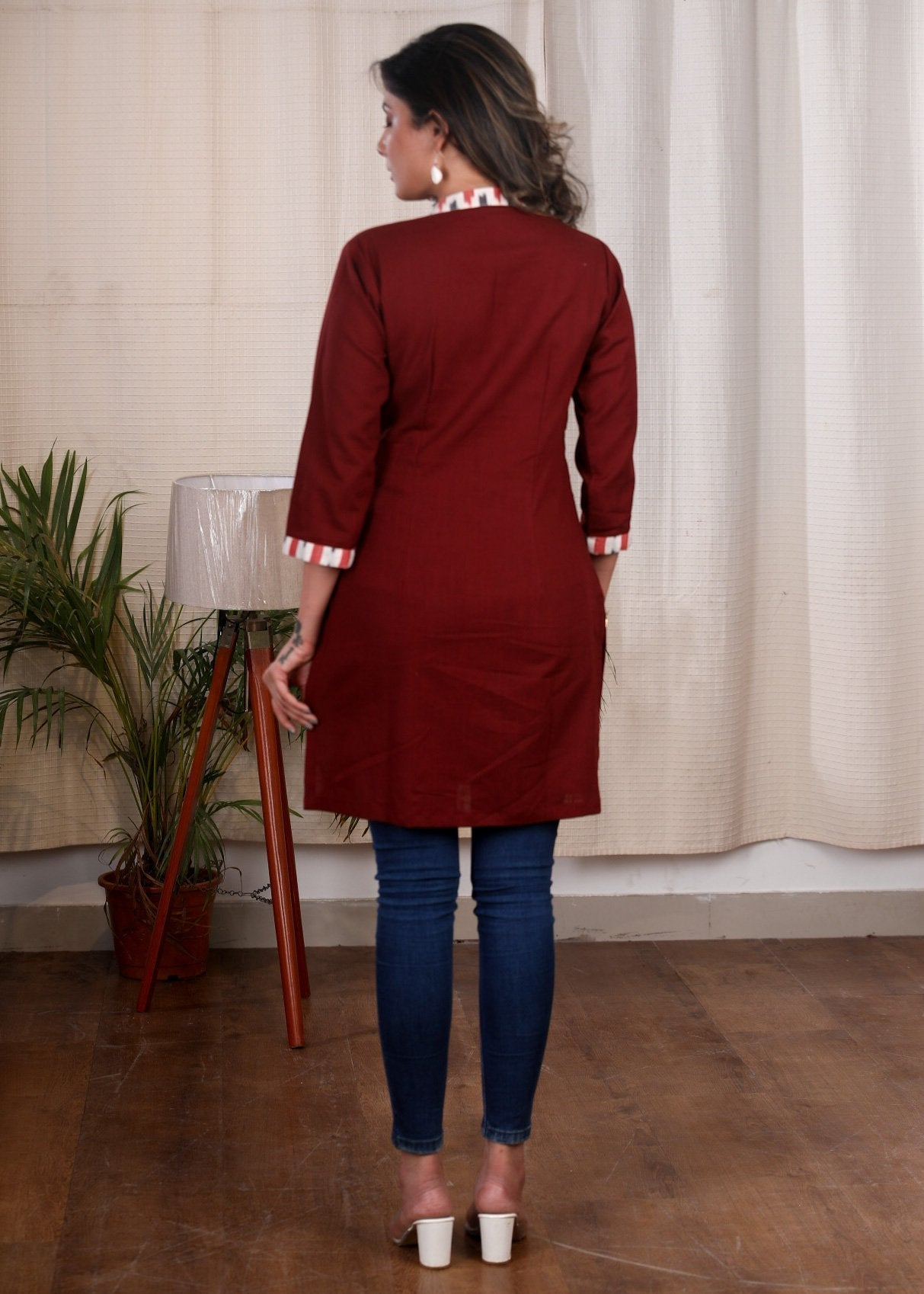 Exclusive hand painted maroon cotton tunic with ikat combination