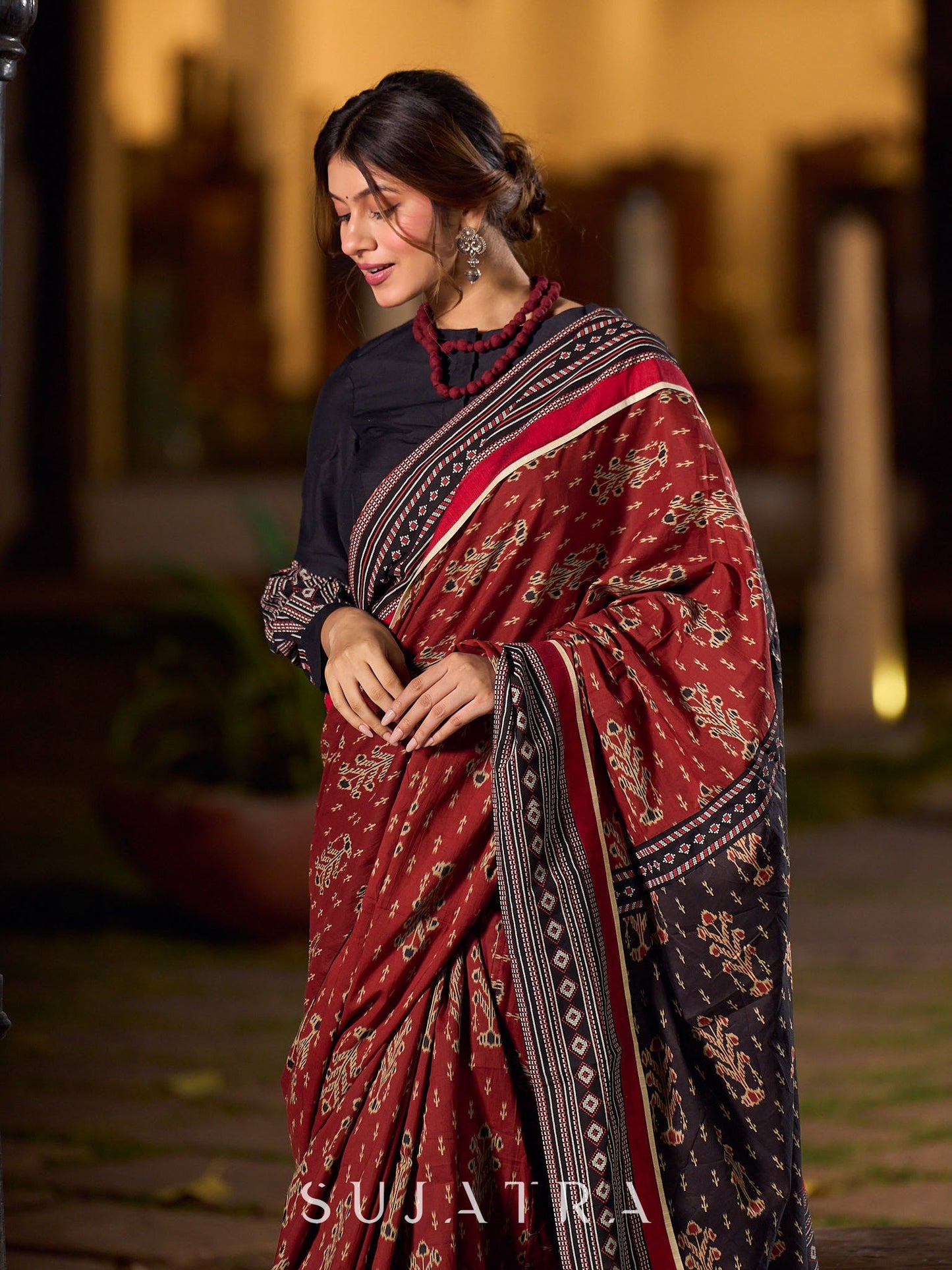 Heritage Maroon Ajrakh Print Cotton Saree with Bold Geometric Border