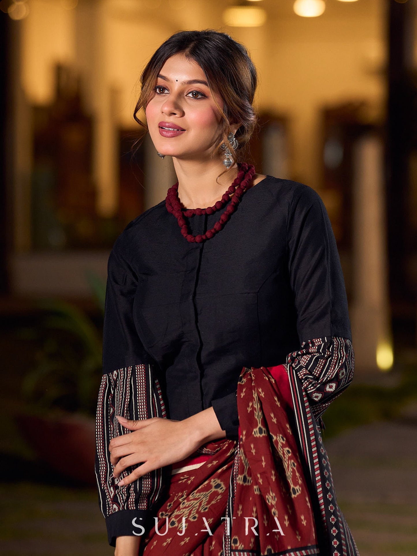 Bold Black Cotton Silk Long Blouse with Statement Bishop Sleeves