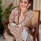 Cream Floral Hand Block Print Mul Cotton Kurta with Handwoven Ivory Center Panel and Brown Button Detail