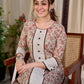 Cream Floral Hand Block Print Mul Cotton Kurta with Handwoven Ivory Center Panel and Brown Button Detail