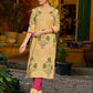 Handcrafted mustard kurta with stripe–floral print and magenta accents.