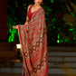 Striking Maroon Modal Silk Saree with Traditional Ajrakh Print & Contrast Gold Lace Detail & Hand Embroidered Pallu