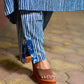 Contemporary Indigo Striped Kurta Featuring Animal Patch Detail, Drop Shoulders and Magenta Mirror Accents