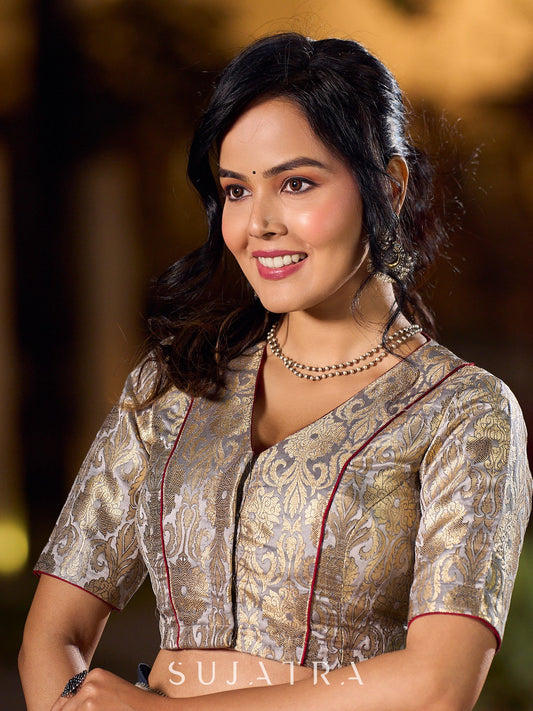 Classy Grey Brocade V Neckline Blouse