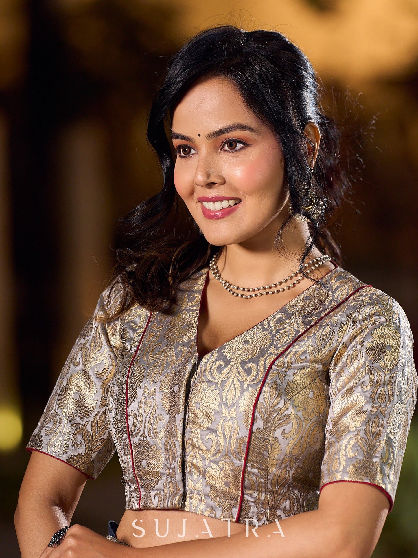 Classic Grey Brocade V Neckline Blouse