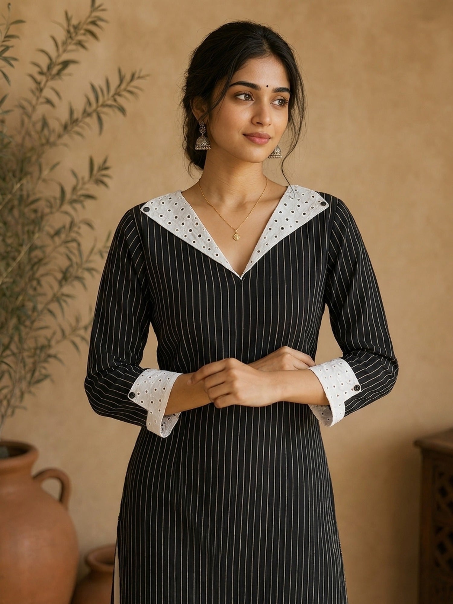 Elegant Black Ikat Striped Cotton Kurta with White Hakoba Spread Collar & Cuffs