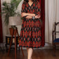 Black multicolor ikat gathered dress highlighted with velvet stone lace