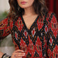 Black multicolor ikat gathered dress highlighted with velvet stone lace