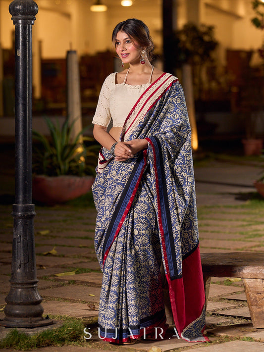 Navy Floral Printed Cotton Saree with Contrasting Pallu