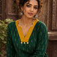 Classic Green Ikat Cotton Straight Kurta with Contrast Mustard V-Neckline & Scalloped Cuff Band