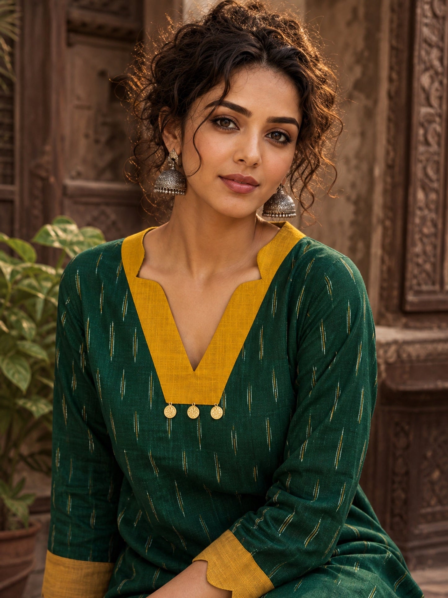 Classic Green Ikat Cotton Straight Kurta with Contrast Mustard V-Neckline & Scalloped Cuff Band