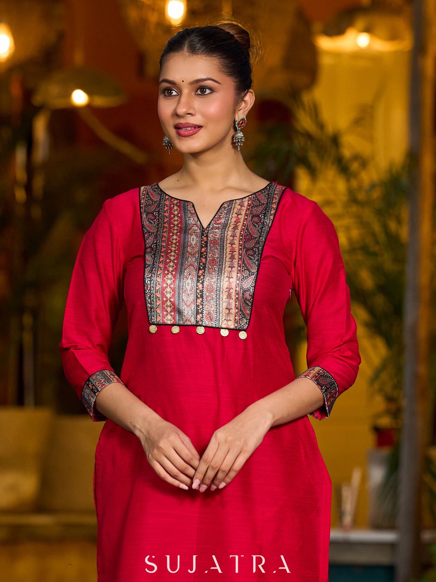 Stunning magenta cotton-silk kurta with digital print detailing and black–gold contrast