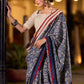 Navy Floral Printed Cotton Saree with Contrasting Pallu