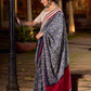 Navy Floral Printed Cotton Saree with Contrasting Pallu