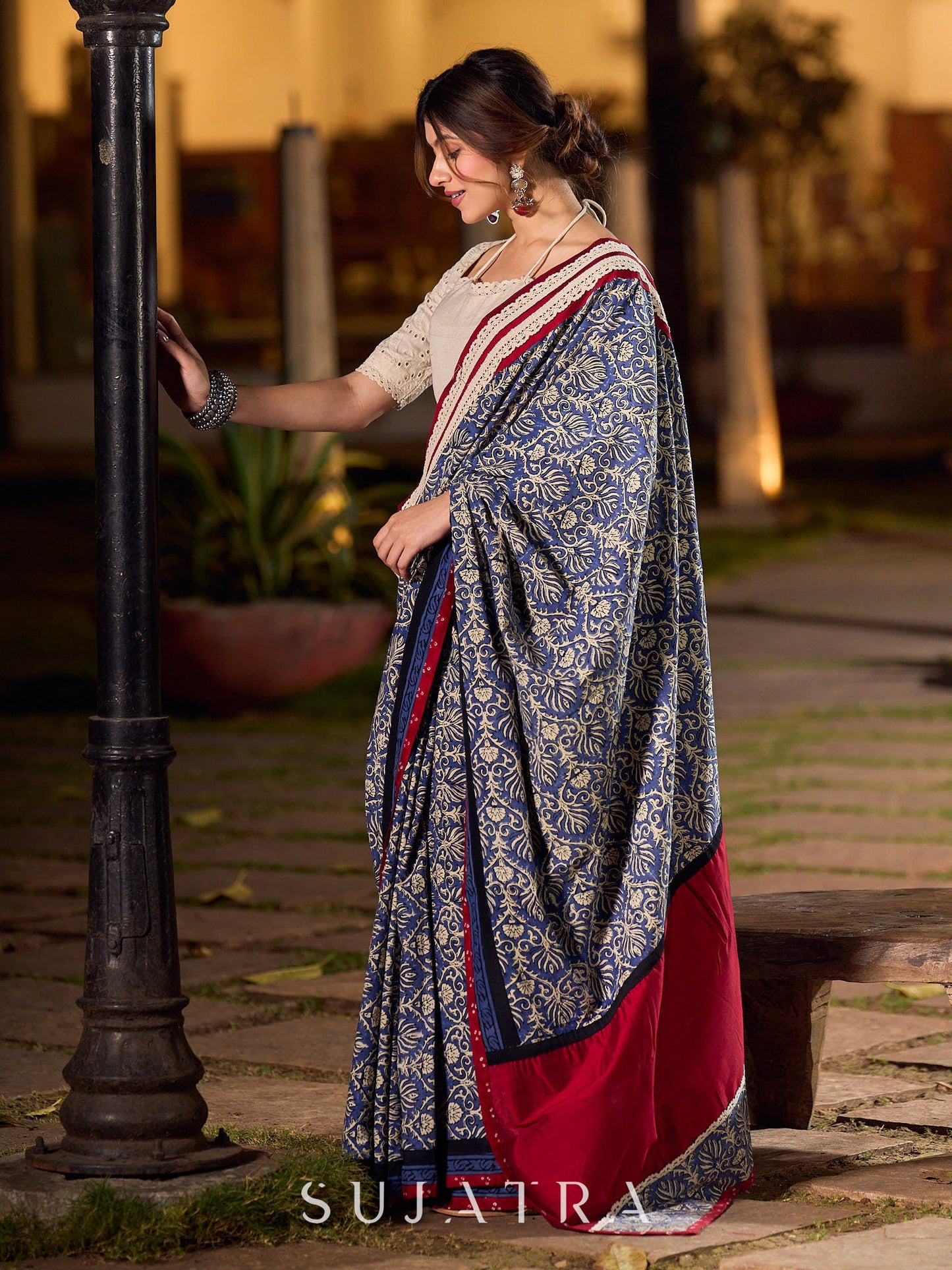 Navy Floral Printed Cotton Saree with Contrasting Pallu