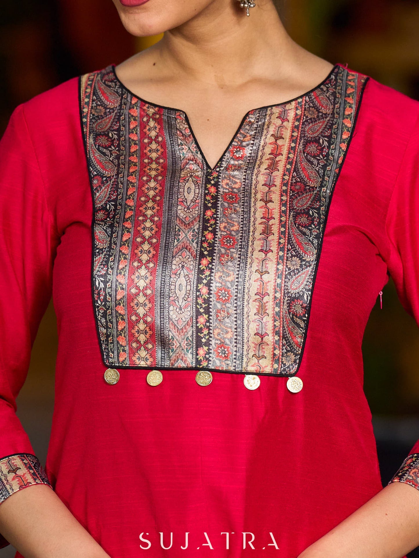 Stunning magenta cotton-silk kurta with digital print detailing and black–gold contrast