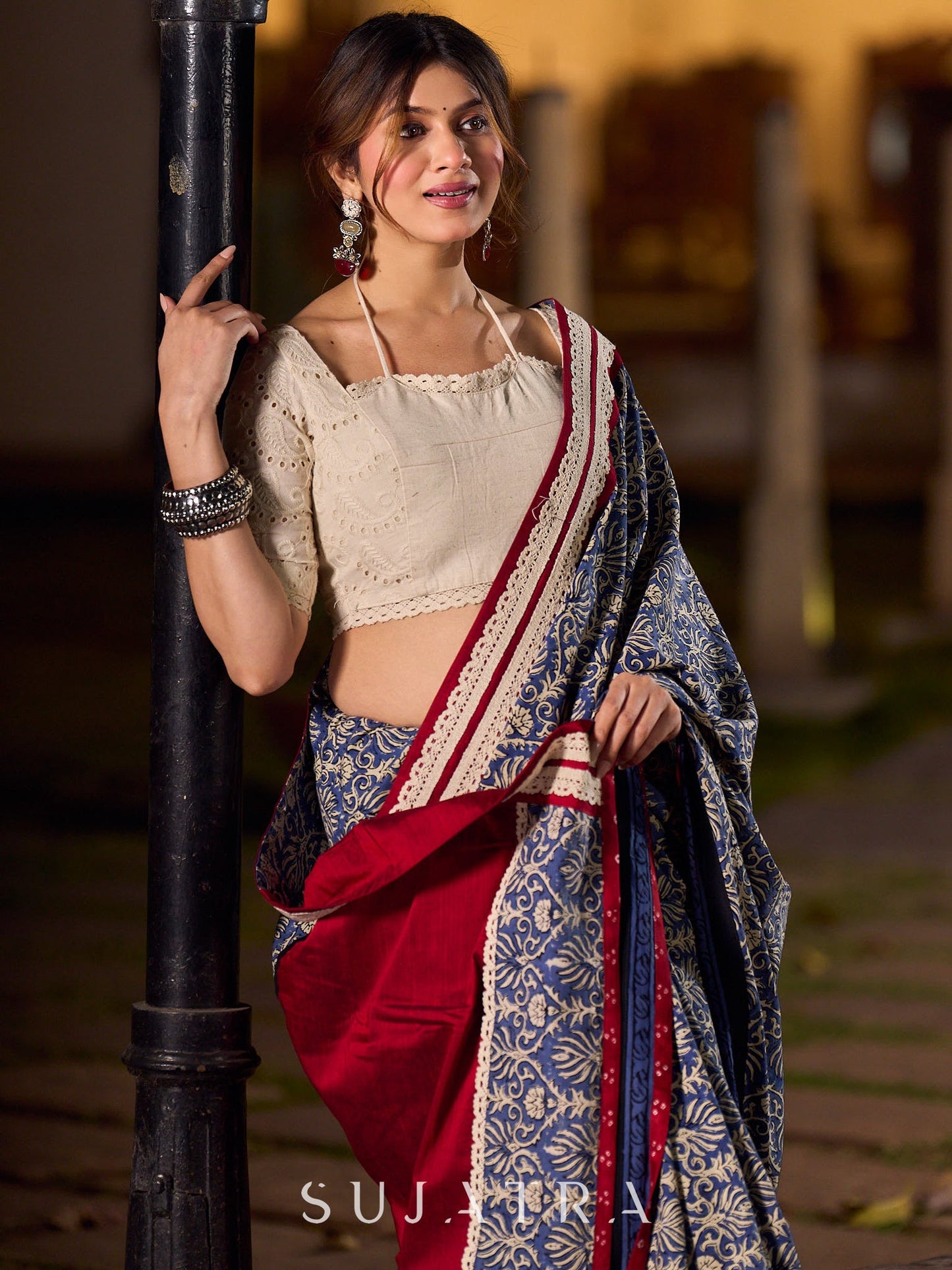 Navy Floral Printed Cotton Saree with Contrasting Pallu