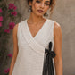 White cotton wrap-style top featuring contrast block print mantra borders, side tie, and modern silhouette.