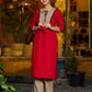Elegant red kurta featuring a V-shaped striped neck panel