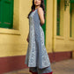 Indigo Alternating Kali Kurta with Floral & Zigzag Prints, Maroon Accents and Handcrafted Mirror Work