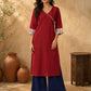 Refined Maroon Cotton Kurta with Folk Art Printed Wide Cuffs & Angrakha Wrap Neckline