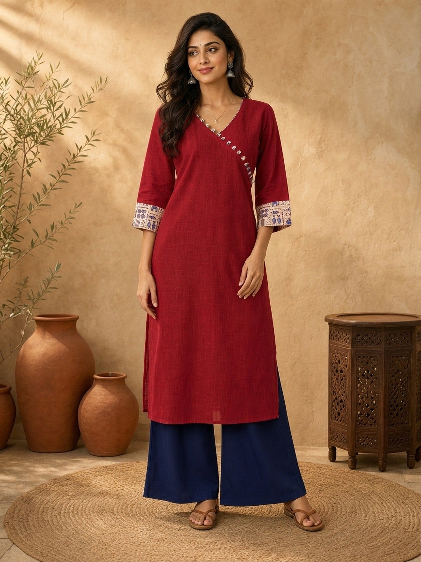 Refined Maroon Cotton Kurta with Folk Art Printed Wide Cuffs & Angrakha Wrap Neckline