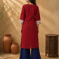 Refined Maroon Cotton Kurta with Folk Art Printed Wide Cuffs & Angrakha Wrap Neckline
