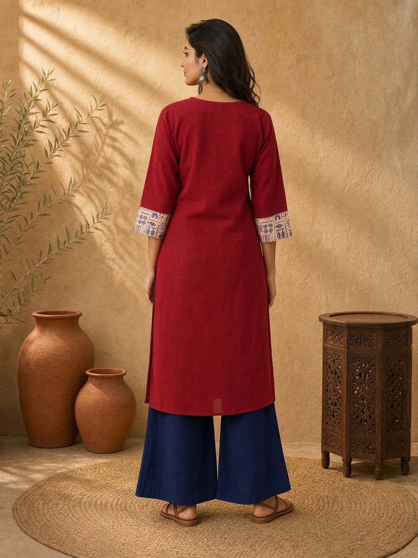 Refined Maroon Cotton Kurta with Folk Art Printed Wide Cuffs & Angrakha Wrap Neckline