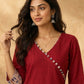 Refined Maroon Cotton Kurta with Folk Art Printed Wide Cuffs & Angrakha Wrap Neckline