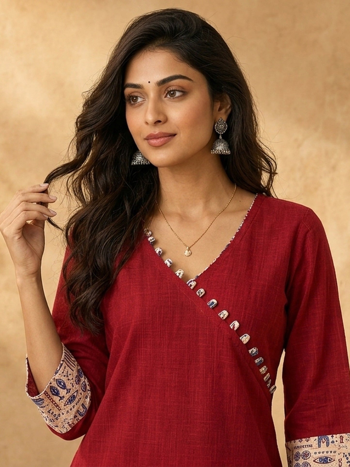 Refined Maroon Cotton Kurta with Folk Art Printed Wide Cuffs & Angrakha Wrap Neckline